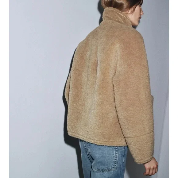 NWT Zara | ZW COLLECTION FAUX SHEARLING DOUBLE-FACED Tan Teddy Jacket for Women - Picture 8 of 17